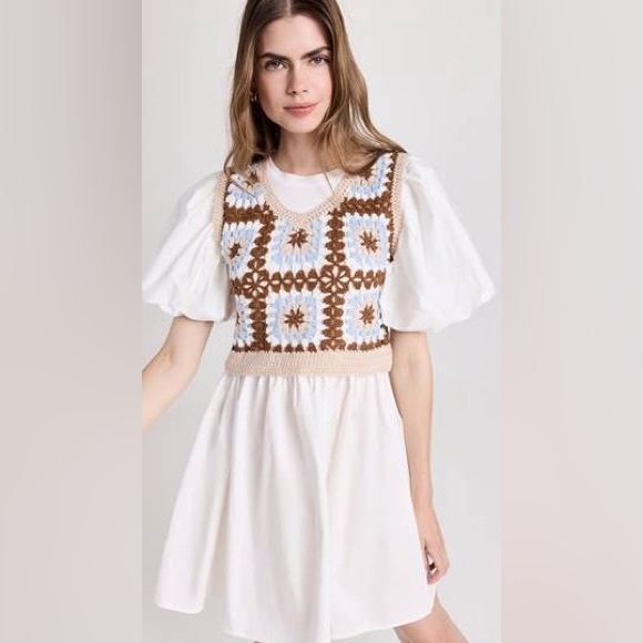 En Saison Dresses & Skirts - NWT - En Saison Evie Crochet Overlay Puff Sleeve A-Line Mini Dress - Medium